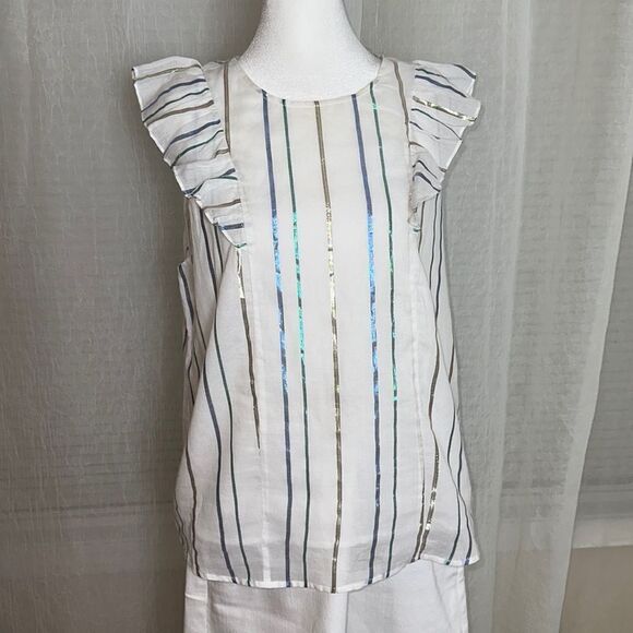 STITCH FIX LP Silverbell Ruffle White Metallic Stripe Sleeveless Top - Picture 1 of 11